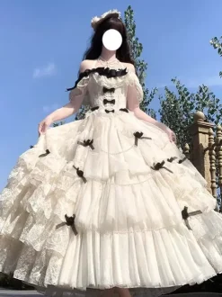 White Fairy Lolita Dresses Lace Up Bows Off Shoulder Lolita Tea Party Dress