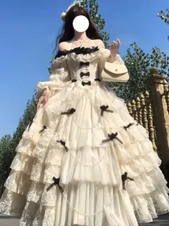 White Fairy Lolita Dresses Lace Up Bows Off Shoulder Lolita Tea Party Dress