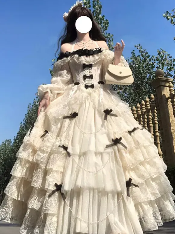 White Fairy Lolita Dresses Lace Up Bows Off Shoulder Lolita Tea Party Dress