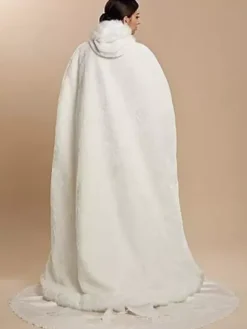 White Faux Fur Coat Hoodie Full Length Women Faux Fur Poncho