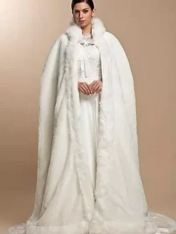 White Faux Fur Coat Hoodie Full Length Women Faux Fur Poncho