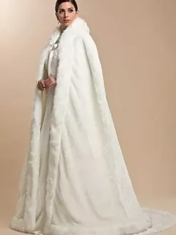 White Faux Fur Coat Hoodie Full Length Women Faux Fur Poncho