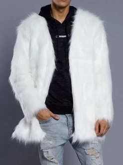 White Faux Fur Coat Men's V Neck Long Sleeve Regular Fit Long Coat
