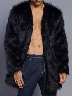 White Faux Fur Coat Men's V Neck Long Sleeve Regular Fit Long Coat