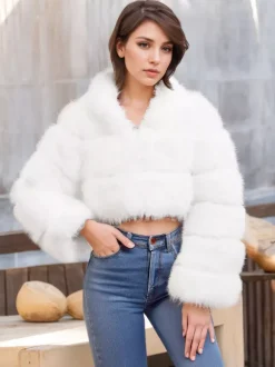 White Faux Fur Jacket With Hood Hot Girls Short Coats Winter Outerwear For Women 2026