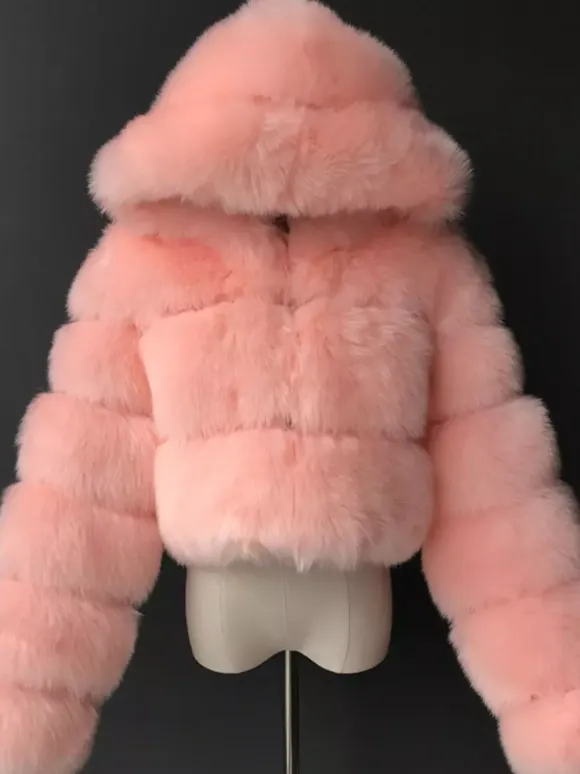 White Faux Fur Jacket With Hood Hot Girls Short Coats Winter Outerwear For Women 2026