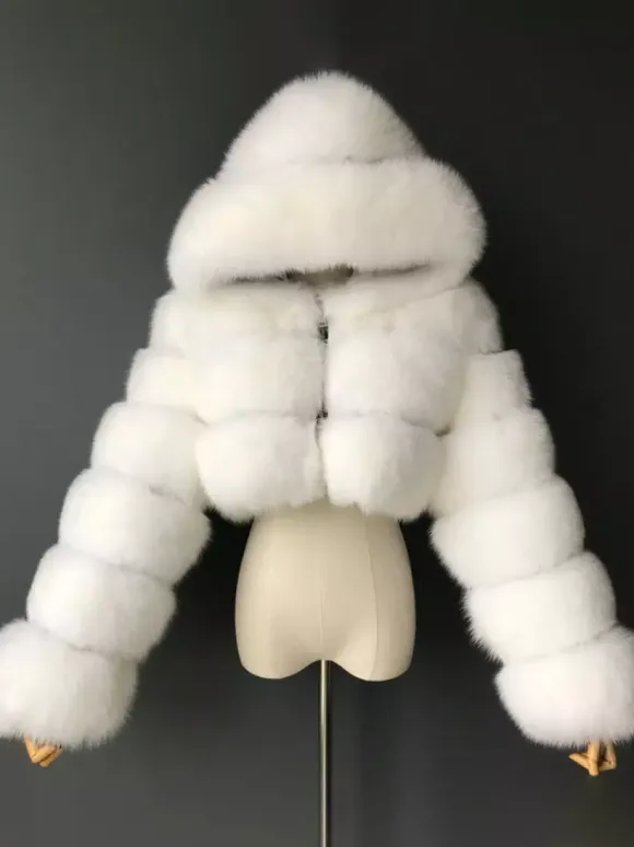 White Faux Fur Jacket With Hood Hot Girls Short Coats Winter Outerwear For Women 2026
