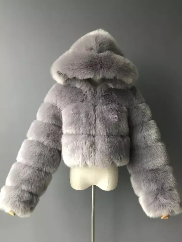 White Faux Fur Jacket With Hood Hot Girls Short Coats Winter Outerwear For Women 2026