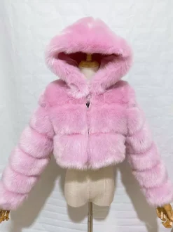 White Faux Fur Jacket With Hood Hot Girls Short Coats Winter Outerwear For Women 2026
