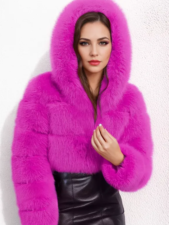 White Faux Fur Jacket With Hood Hot Girls Short Coats Winter Outerwear For Women 2026
