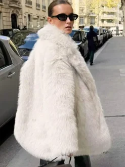 White Faux Fur Midi Coat Notched Lapel Winter Eco-friendly Long Jacket For Women 2026