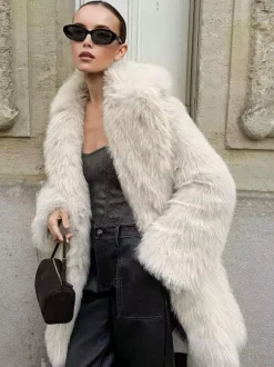 White Faux Fur Midi Coat Notched Lapel Winter Eco-friendly Long Jacket For Women 2026
