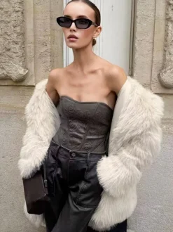 White Faux Fur Midi Coat Notched Lapel Winter Eco-friendly Long Jacket For Women 2026