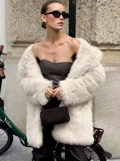 White Faux Fur Midi Coat Notched Lapel Winter Eco-friendly Long Jacket For Women 2026