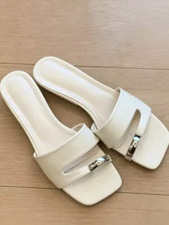 White Flat Sandal Slides Women's Open Toe Metal Detail Backless Beach Sandals