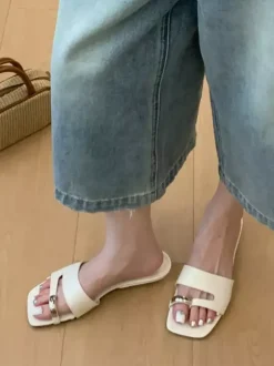 White Flat Sandal Slides Women's Open Toe Metal Detail Backless Beach Sandals