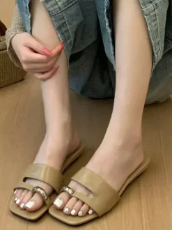 White Flat Sandal Slides Women's Open Toe Metal Detail Backless Beach Sandals