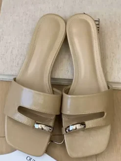 White Flat Sandal Slides Women's Open Toe Metal Detail Backless Beach Sandals