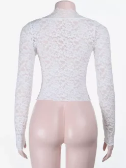 White Floral Lace Sheer Women's Crop Top - Scalloped Square Neck Long Sleeve Blouse - Coquette Aesthetic French Romantic Going Out Top 2026