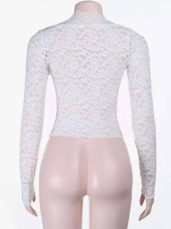 White Floral Lace Sheer Women's Crop Top - Scalloped Square Neck Long Sleeve Blouse - Coquette Aesthetic French Romantic Going Out Top 2026