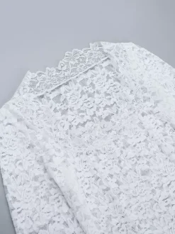 White Floral Lace Sheer Women's Crop Top - Scalloped Square Neck Long Sleeve Blouse - Coquette Aesthetic French Romantic Going Out Top 2026