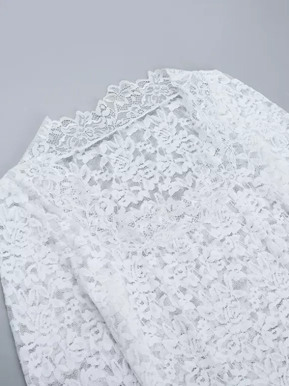 White Floral Lace Sheer Women's Crop Top - Scalloped Square Neck Long Sleeve Blouse - Coquette Aesthetic French Romantic Going Out Top 2026