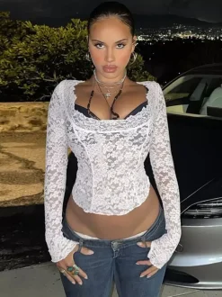 White Floral Lace Sheer Women's Crop Top - Scalloped Square Neck Long Sleeve Blouse - Coquette Aesthetic French Romantic Going Out Top 2026