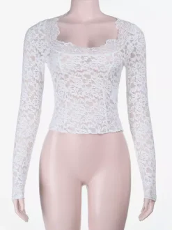 White Floral Lace Sheer Women's Crop Top - Scalloped Square Neck Long Sleeve Blouse - Coquette Aesthetic French Romantic Going Out Top 2026
