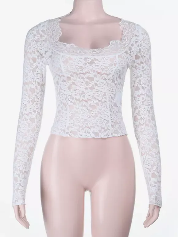 White Floral Lace Sheer Women's Crop Top - Scalloped Square Neck Long Sleeve Blouse - Coquette Aesthetic French Romantic Going Out Top 2026