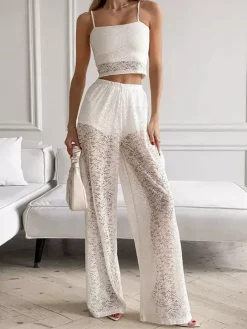 White Floral Lace Two Piece Outfit Spaghetti Strap Crop Top Sheer Wide Leg Pants Sets