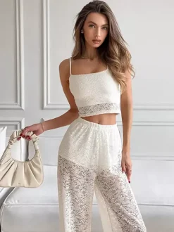 White Floral Lace Two Piece Outfit Spaghetti Strap Crop Top Sheer Wide Leg Pants Sets