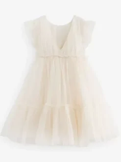 White Flower Girl Dresses Ivory Tulle Short Sleeves Jewel Neck Flower Girl Dresses