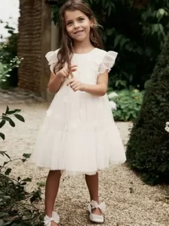 White Flower Girl Dresses Ivory Tulle Short Sleeves Jewel Neck Flower Girl Dresses