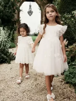 White Flower Girl Dresses Ivory Tulle Short Sleeves Jewel Neck Flower Girl Dresses