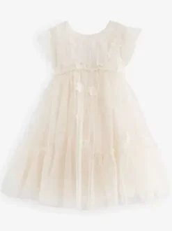 White Flower Girl Dresses Ivory Tulle Short Sleeves Jewel Neck Flower Girl Dresses