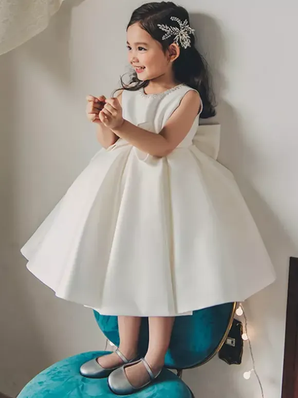 White Flower Girl Dresses Ivory Satin Fabric Sleeveless Jewel Neck Flower Girl Dresses