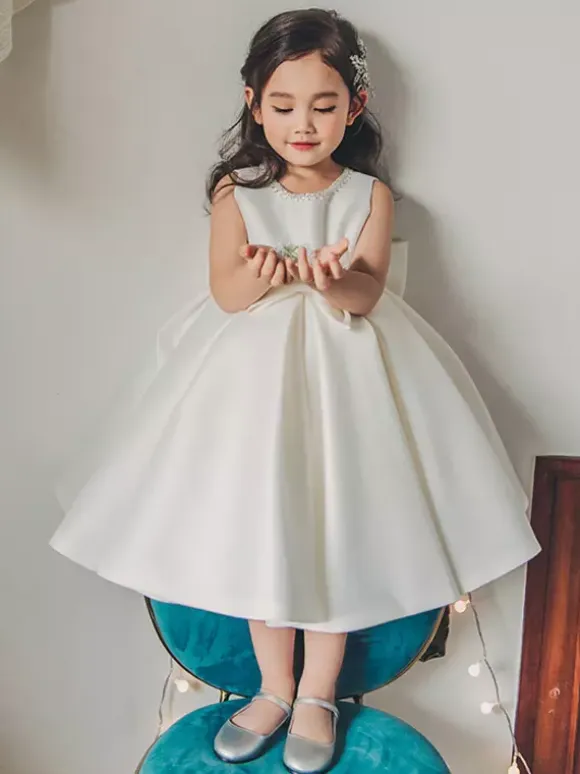 White Flower Girl Dresses Ivory Satin Fabric Sleeveless Jewel Neck Flower Girl Dresses