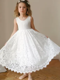White Flower Girl Dresses Ivory Tulle Sleeveless Jewel Neck Flower Girl Dresses
