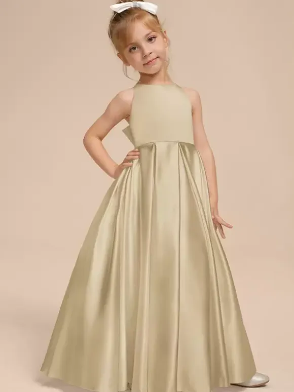 White Flower Girl Dresses Ivory Satin Fabric Sleeveless V-Neck Flower Girl Dresses