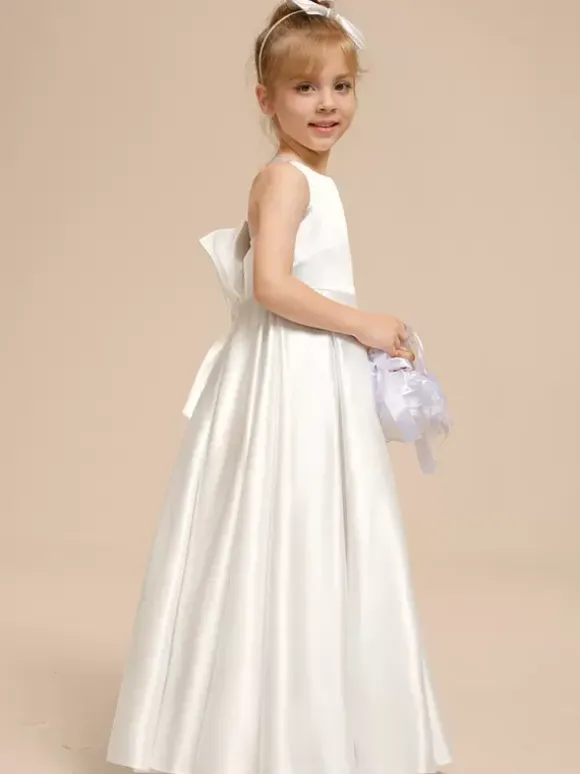 White Flower Girl Dresses Ivory Satin Fabric Sleeveless V-Neck Flower Girl Dresses