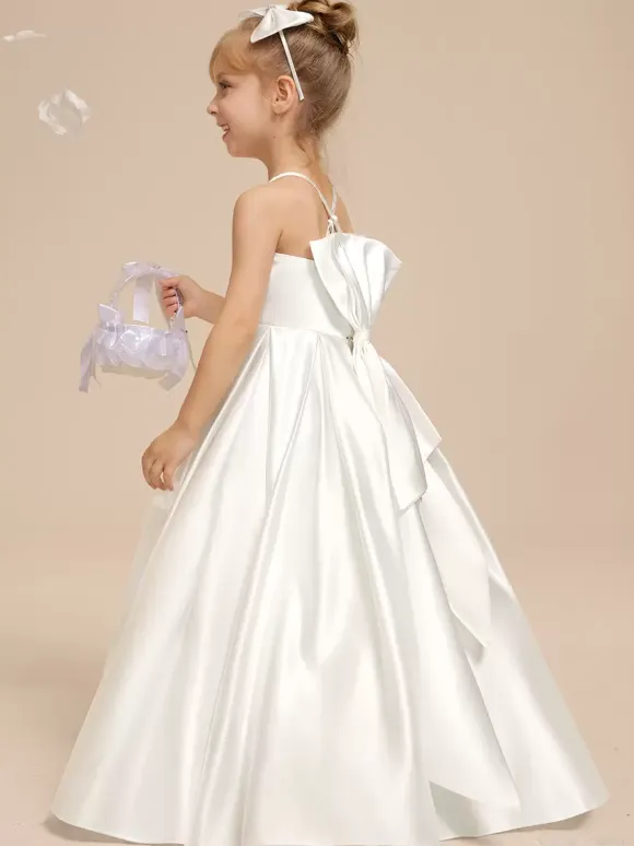 White Flower Girl Dresses Ivory Satin Fabric Sleeveless V-Neck Flower Girl Dresses
