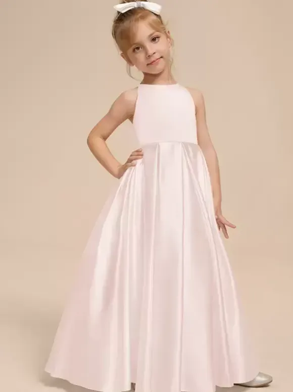 White Flower Girl Dresses Ivory Satin Fabric Sleeveless V-Neck Flower Girl Dresses