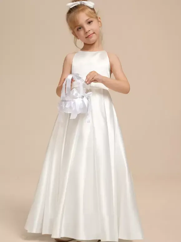 White Flower Girl Dresses Ivory Satin Fabric Sleeveless V-Neck Flower Girl Dresses