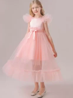 White Flower Girl Dresses Special Occasion Dresses Pink Polyester Short Sleeves Jewel Neck Flower Girl Dresses