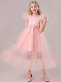 White Flower Girl Dresses Special Occasion Dresses Pink Polyester Short Sleeves Jewel Neck Flower Girl Dresses