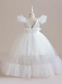 White Flower Girl Dresses Special Occasion Dresses Pink Polyester Short Sleeves Jewel Neck Flower Girl Dresses
