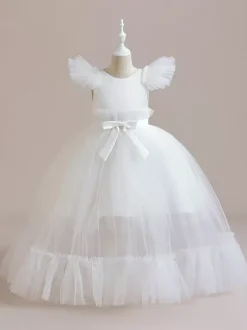 White Flower Girl Dresses Special Occasion Dresses Pink Polyester Short Sleeves Jewel Neck Flower Girl Dresses