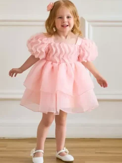 White Flower Girl Dresses Special Occasion Dresses Light Pink Tulle Short Sleeves Square Neck Flower Girl Dresses