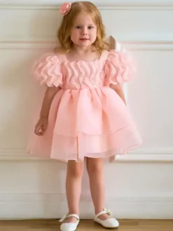 White Flower Girl Dresses Special Occasion Dresses Light Pink Tulle Short Sleeves Square Neck Flower Girl Dresses