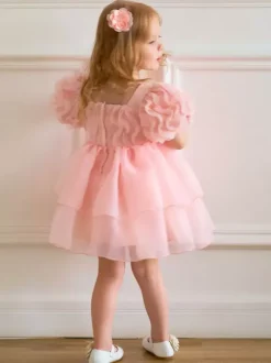 White Flower Girl Dresses Special Occasion Dresses Light Pink Tulle Short Sleeves Square Neck Flower Girl Dresses